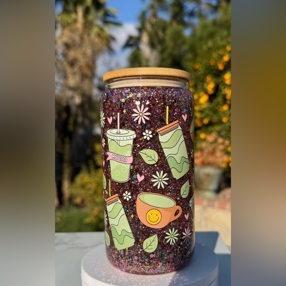 Matcha iced coffee latte snow globe glass tumbler 16oz
